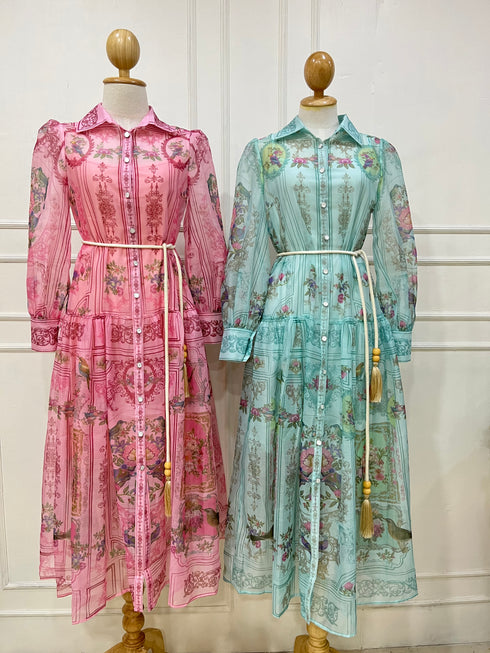 High Fashion Multi Color Floral Print Collar Down Waist Rope Dress